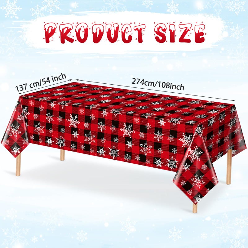 Jectivs 3 Pieces Red and Black Buffalo Plaid Merry Christmas Party Tablecloth Decorations Plastic White Snowflake Buffalo Plaid Sign Table Cover for Winter Christmas Holiday Party Supplies 54x108 inch - Image 2